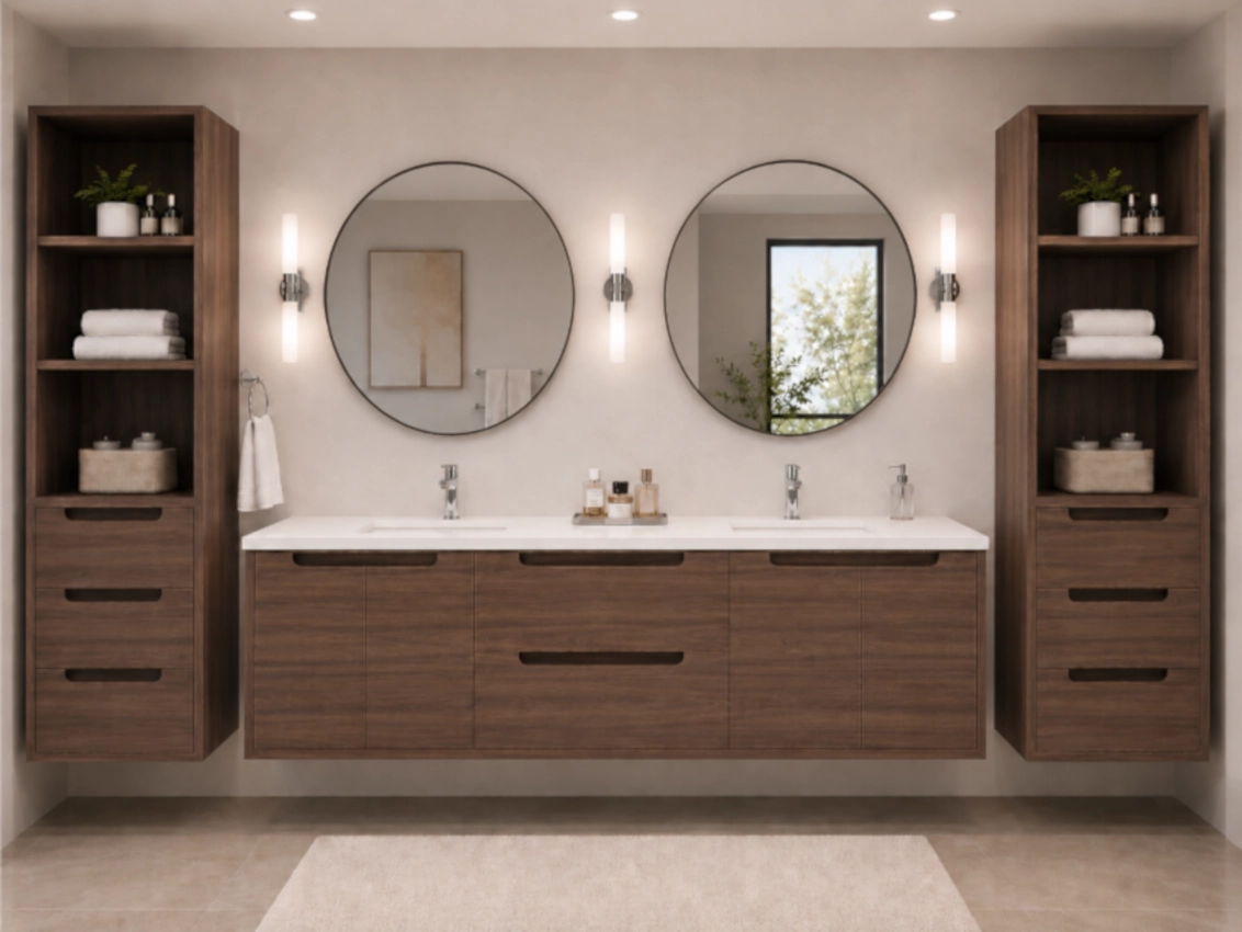 Virta Ashley 72" Double Sink Wall Hung Vanity with Two Wall hung Open Front Linen Towers